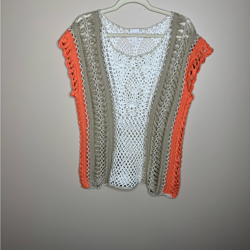 Chico's Orange and Tan cover-up with Open-Knit Design